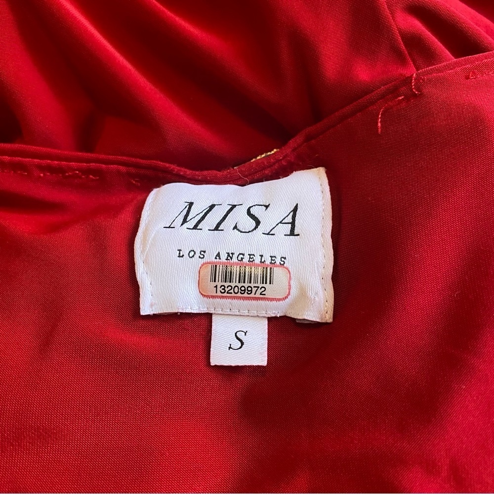 Misa Teget High Low Hem Ruched Twist Front Long Flare Sleeve V-Neck Dress Red S - Picture 11 of 11